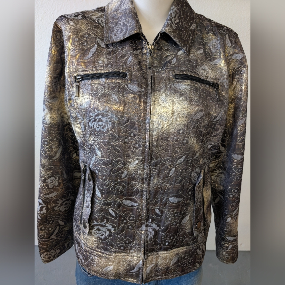 Chico's Chocolate Brown and Gold Metallic Floral Fabric Jacket Size 2